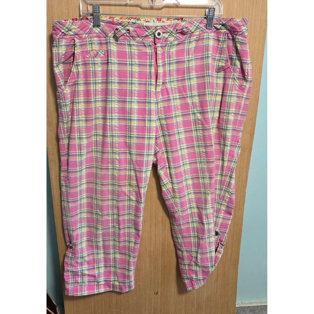 Oleg Cassini Sport Pink Plaid Capri Pants Floral Waistband Cropped Trousers
